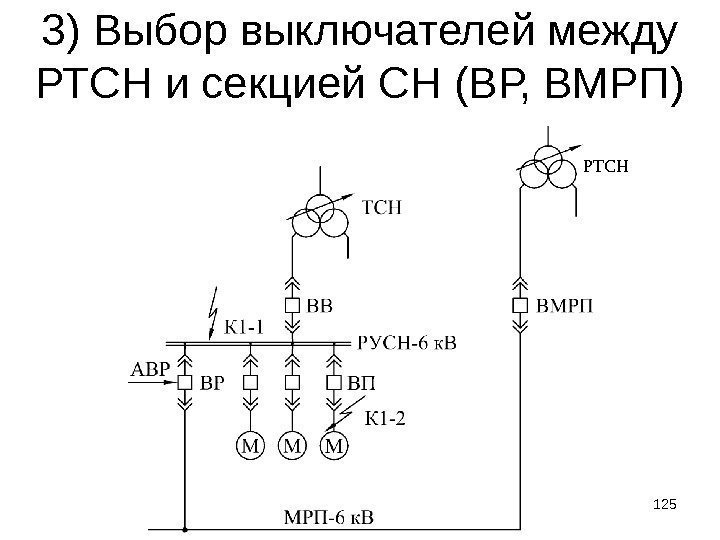 3) Выбор выключателей между РТСН и секцией СН (ВР, ВМРП) 125 РТСН 