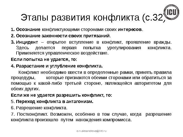 Этапы развития конфликта (с. 32) 1. Осознание конфликтующими сторонами своих интересов. 2. Осознание законности