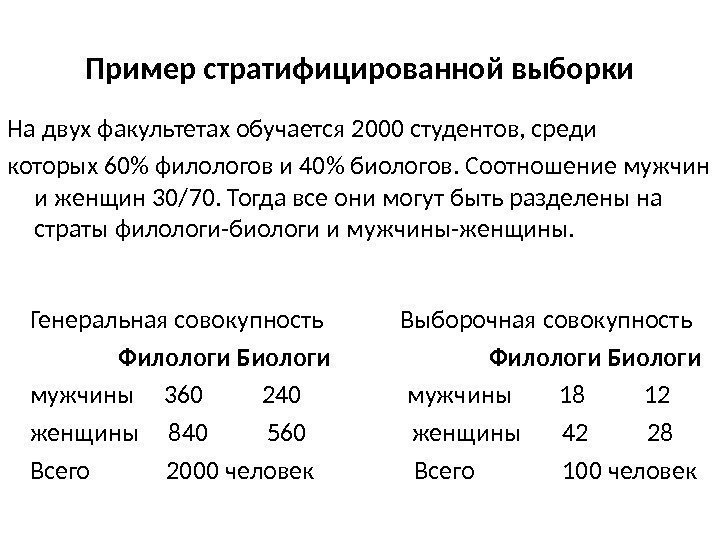 Пример стратифицированной выборки На двух факультетах обучается 2000 студентов, среди которых 60 филологов и