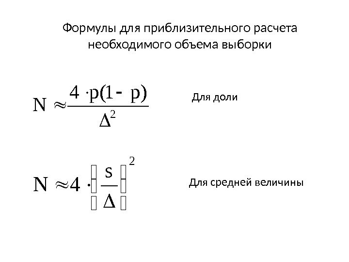 Формулы для приблизительного расчета необходимого объема выборки 2 )p 1(p 4 N  2