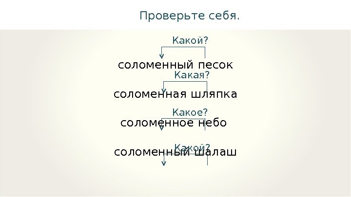 Проверьте себя. соломенный песок соломенная шляпка соломенное небо соломенный шалаш Какой? Какая? Какое? Какой?