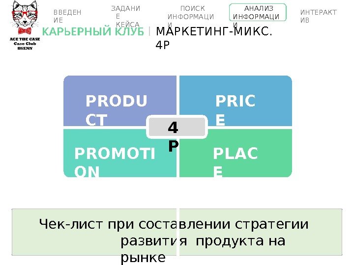 Чек-лист при составлении стратегии  развития продукта на  рынке P L A C