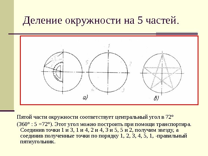 Деление окружности на 5 частей.  Пятой части окружности соответствует центральный угол в 72°