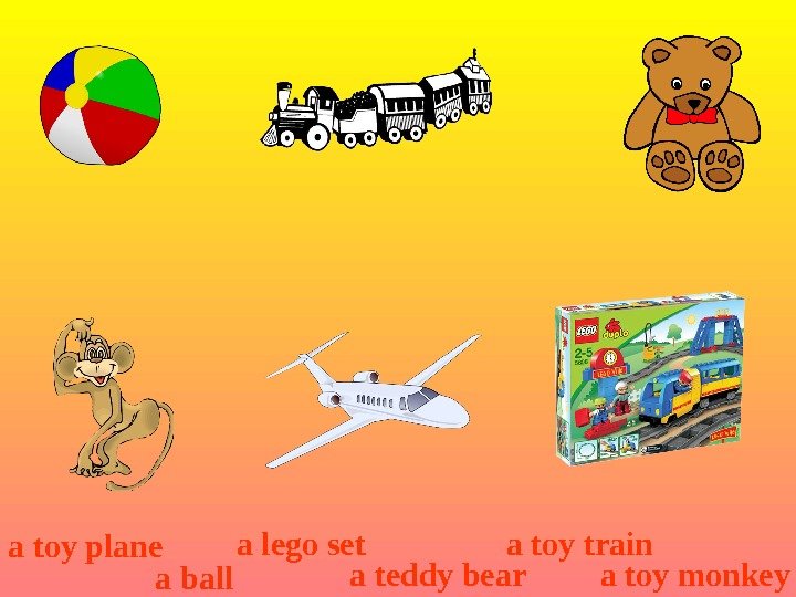 a toy plane a ball a lego set a teddy bear a toy train