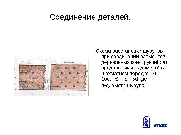 Соединение деталей.  Схема расстановки шурупов при соединении элементов деревянных конструкций: а) продольными рядами,