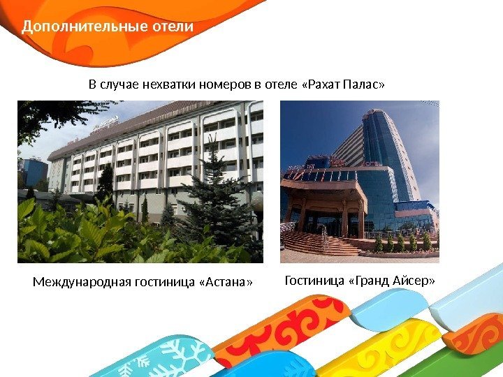Дополнительные отели В случае нехватки номеров в отеле «Рахат Палас» Международная гостиница «Астана» Гостиница