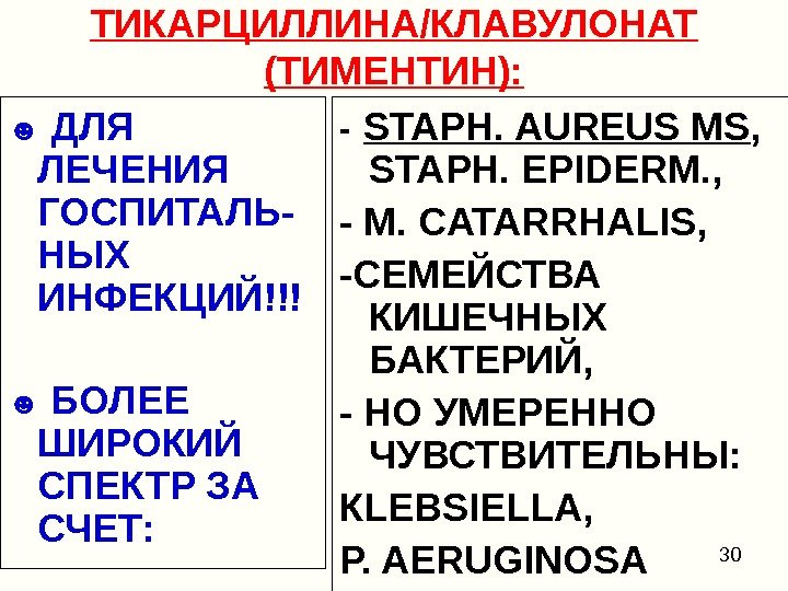 30 ТИКАРЦИЛЛИНА/КЛАВУЛОНАТ (ТИМЕНТИН): ☻  ДЛЯ ЛЕЧЕНИЯ ГОСПИТАЛЬ- НЫХ ИНФЕКЦИЙ !!!  ☻ 