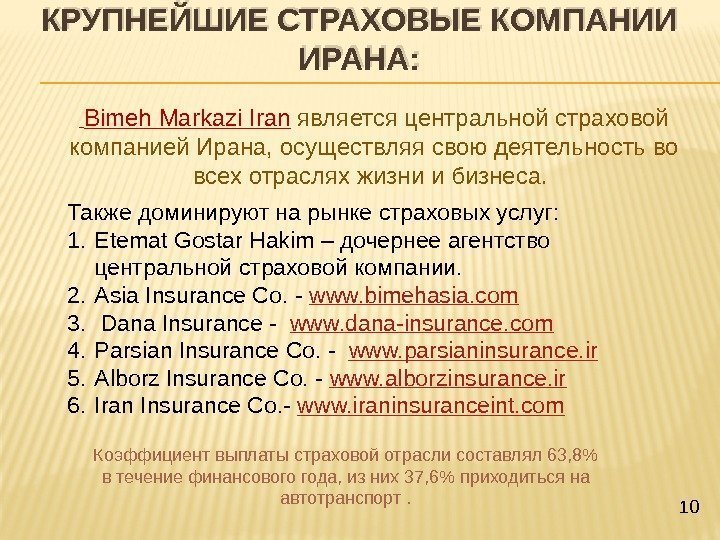 КРУПНЕЙШИЕ СТРАХОВЫЕ КОМПАНИИ ИРАНА: 10 Bimeh Markazi Iran  является центральной страховой компанией Ирана,