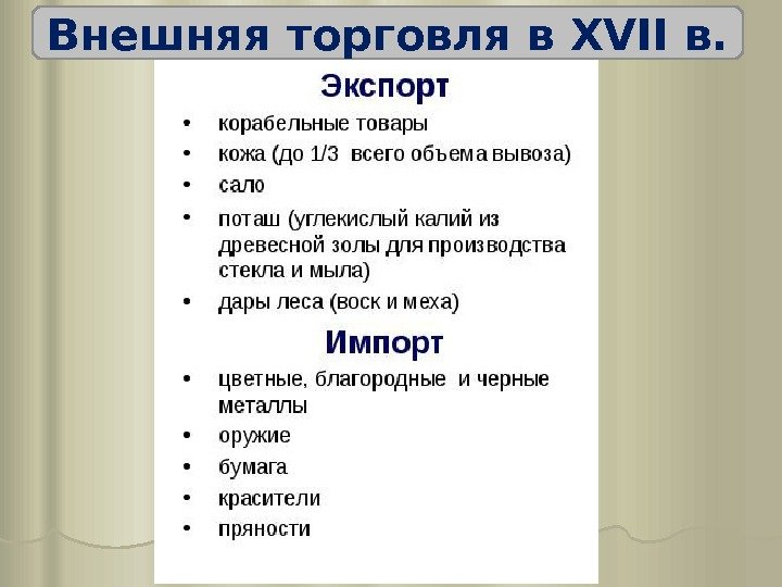 Внешняя торговля в XVII в.  