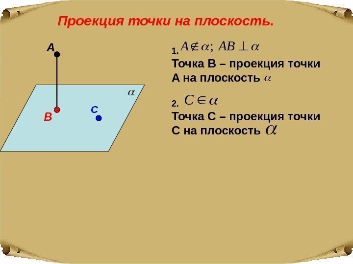 Проекция точки на плоскость. 1. Точка B – проекция точки A на плоскость 2.