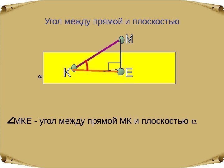 Угол между прямой и плоскостью МКЕ - угол между прямой МК и плоскостью 