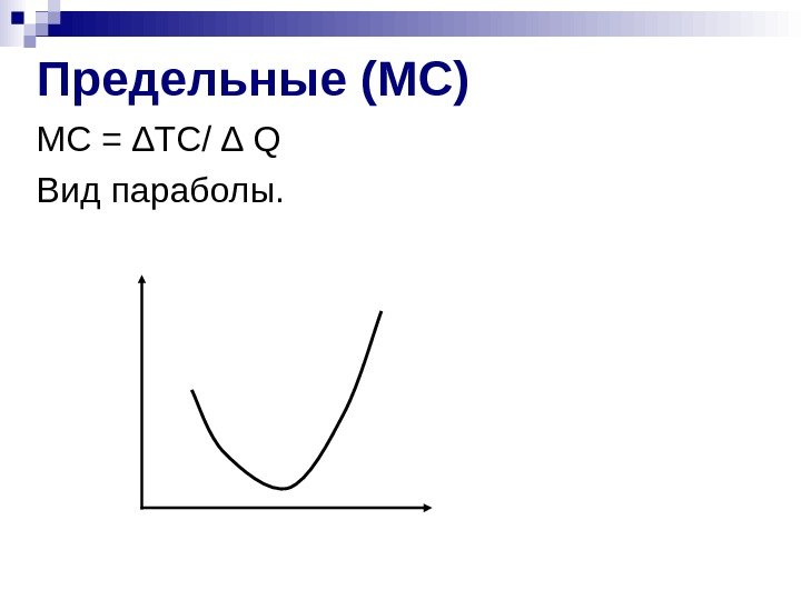   Предельные (МС) МС = ∆ TC / ∆ Q Вид параболы. 