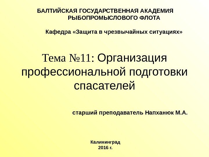 БАЛТИЙСКАЯ ГОСУДАРСТВЕННАЯ АКАДЕМИЯ РЫБОПРОМЫСЛОВОГО ФЛОТА Кафедра «Защита в чрезвычайных ситуациях»  Тема  №