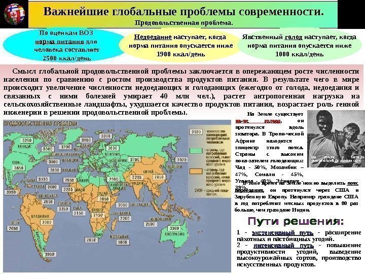 Важнейшие глобальные проблемы современности. Продовольственная проблема. По оценкам ВОЗ норма питания для человека составляет