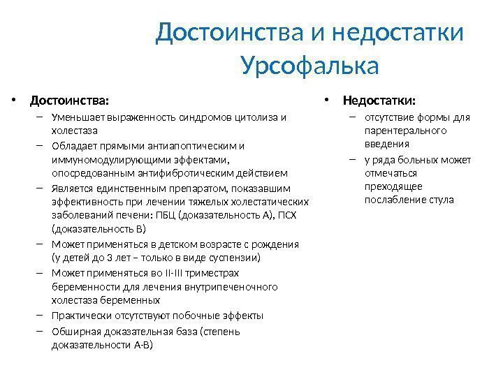 Достоинства и недостатки Урсофалька • Достоинства: – Уменьшает выраженность синдромов цитолиза и холестаза –