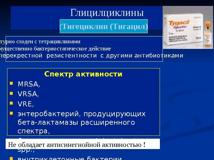 Глицилциклины Спектр активности MRSA,  VRE,  энтеробактерий, продуцирующих бета-лактамазы расширенного спектра,  большинство