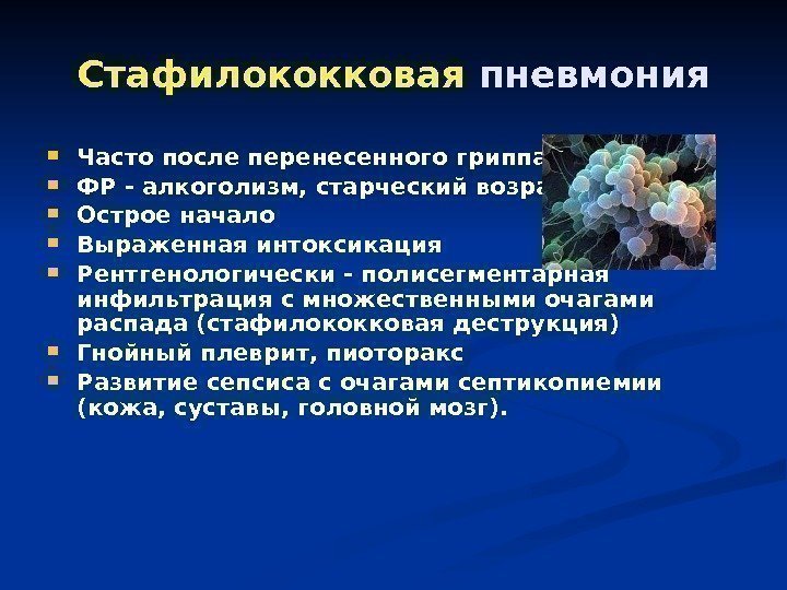 Стафилококковая  пневмония Часто после перенесенного гриппа ФР - алкоголизм, старческий возраст Острое начало