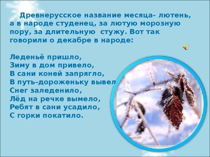  Древнерусское название месяца- лютень,  а в народе студенец, за лютую морозную пору,