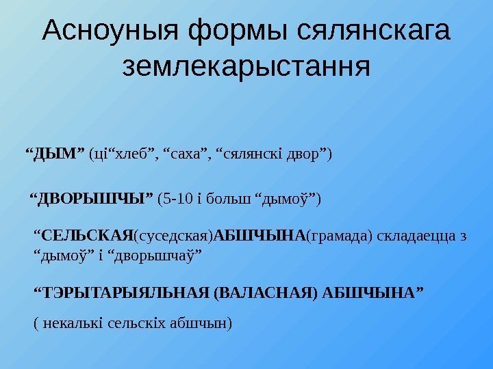 Асноуныя формы сялянскага землекарыстання “ ДЫМ ” (ц i “хлеб”, “саха”, “сялянск i двор”)