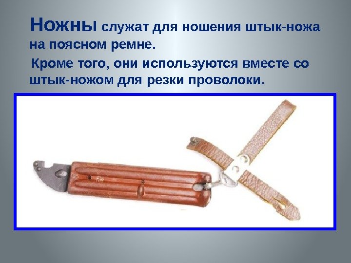  Ножны  служат для ношения штык-ножа на поясном ремне.  Кроме того, они