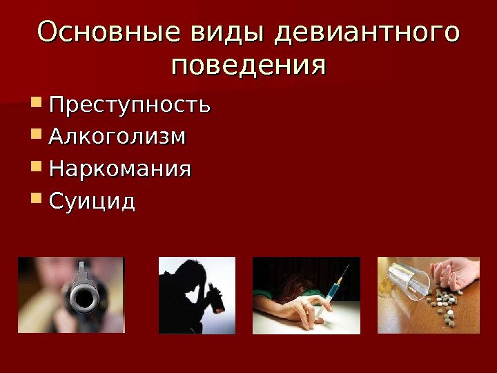 Основные виды девиантного поведения Преступность Алкоголизм Наркомания Суицид 