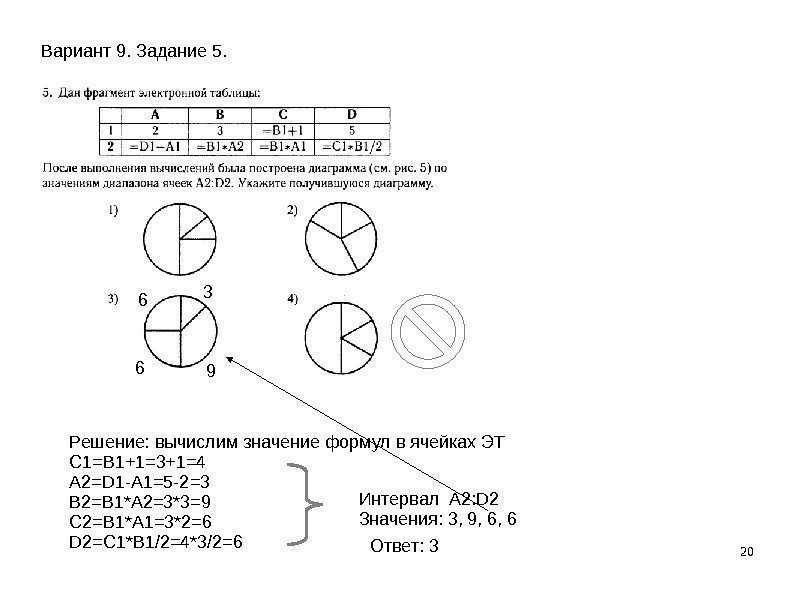 20 Вариант 9. Задание 5. Решение: вычислим значение формул в ячейках ЭТ С 1=B