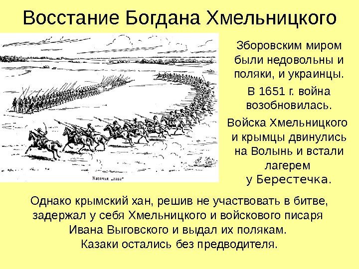 Восстание Богдана Хмельницкого Зборовским миром были недовольны и поляки, и украинцы. В 1651 г.