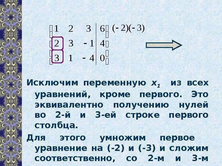 Исключим переменную x 1 из всех уравнений,  кроме первого.  Это эквивалентно получению