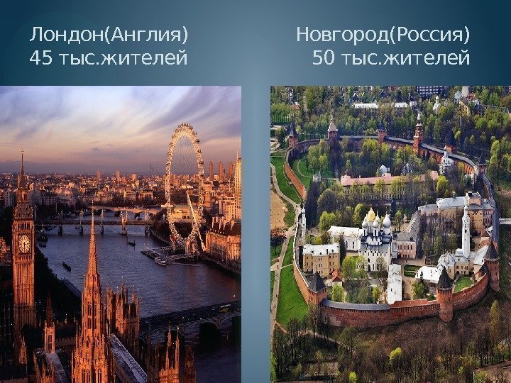 Лондон(Англия)    Новгород(Россия) 45 тыс. жителей     50 тыс.