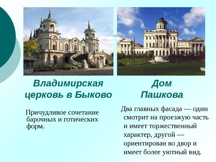 Владимирская церковь в Быково Дом Пашкова Два главных фасада — один смотрит на проезжую