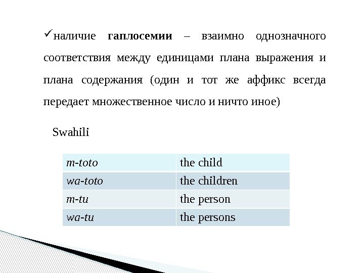  наличие гаплосемии  – взаимно однозначного соответствия между единицами плана выражения и плана