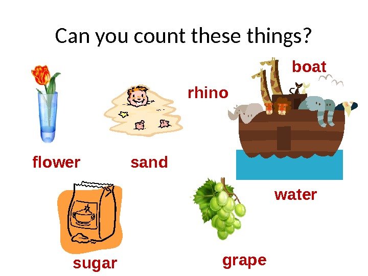 Can you count these things? flower sand boat water sugar graperhino 