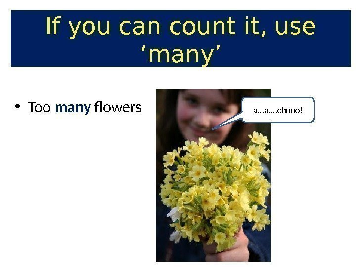 If you can count it, use ‘many’ • Too many flowers a. . .