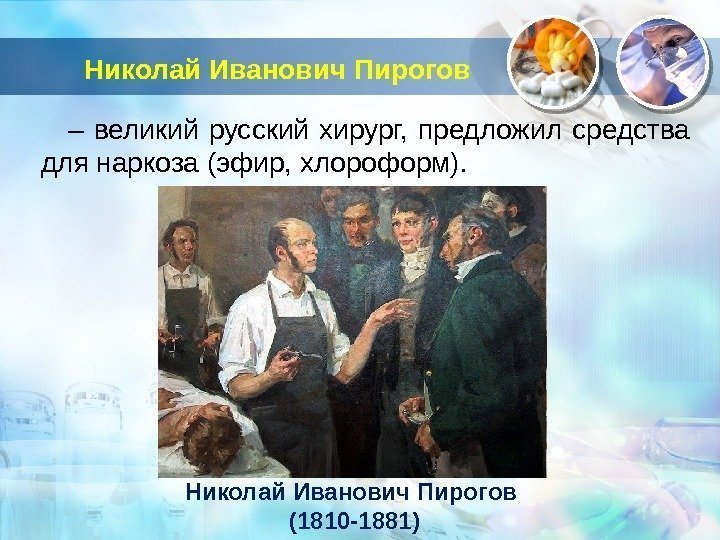 Николай Иванович Пирогов – великий русский хирург,  предложил средства для наркоза (эфир, хлороформ).
