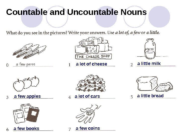   a lot of cheese a little milk a few apples a lot