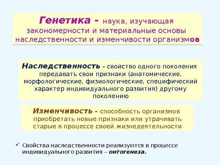 Генетика -  наука, изучающая закономерности и материальные основы наследственности и изменчивости организм ов