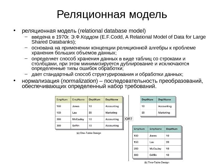 Реляционная модель • реляционная модель ( relational database model ) – введена в 1970