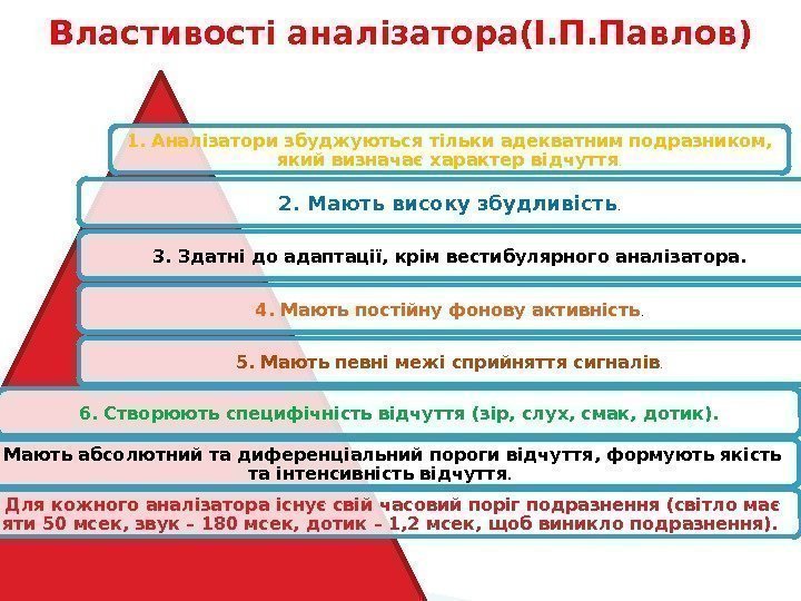 1. Аналізатори збуджуються тільки адекватним подразником,  який визначає характер відчуття. 2. Мають високу