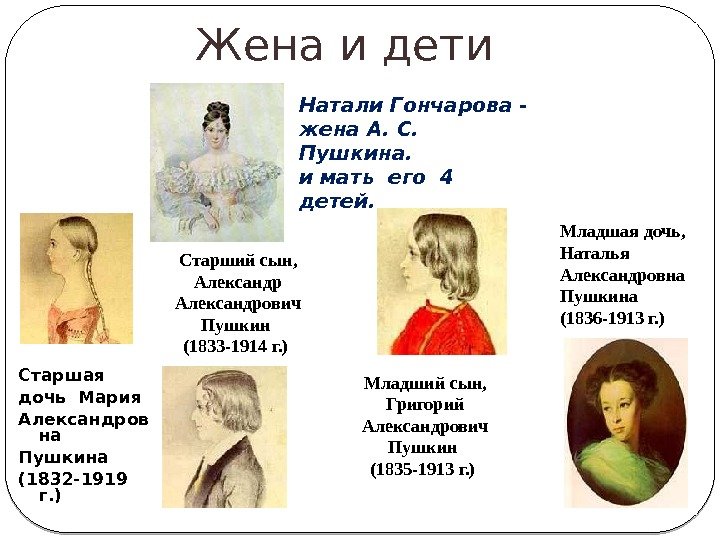 Жена и дети Старшая дочь Мария Александров на Пушкина (1832 -1919 г. ) 