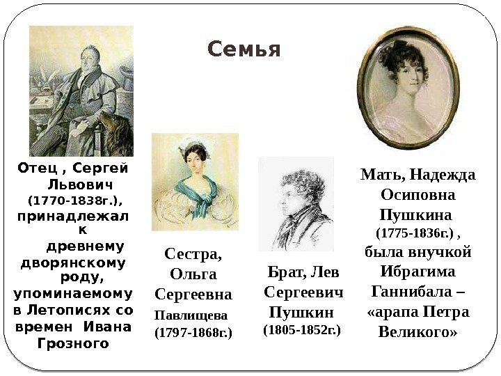   Семья  Отец , Сергей Львович  (1770 -1838 г. ), принадлежал