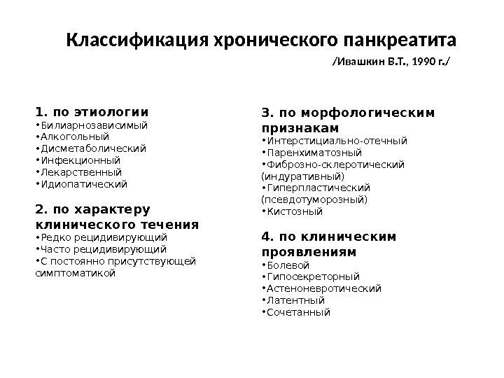 Классификация хронического панкреатита  /Ивашкин В. Т. , 1990 г. /  1. по