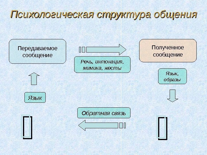 Психологическая структура общения Передаваемое сообщение Полученное сообщение Язык Речь, интонация,  мимика, жесты Язык,