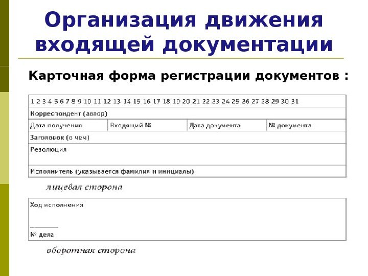 Организация движения входящей документации Карточная форма регистрации документов : 