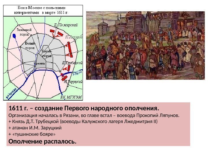 1611 г. – создание Первого народного ополчения. Организация началась в Рязани, во главе встал