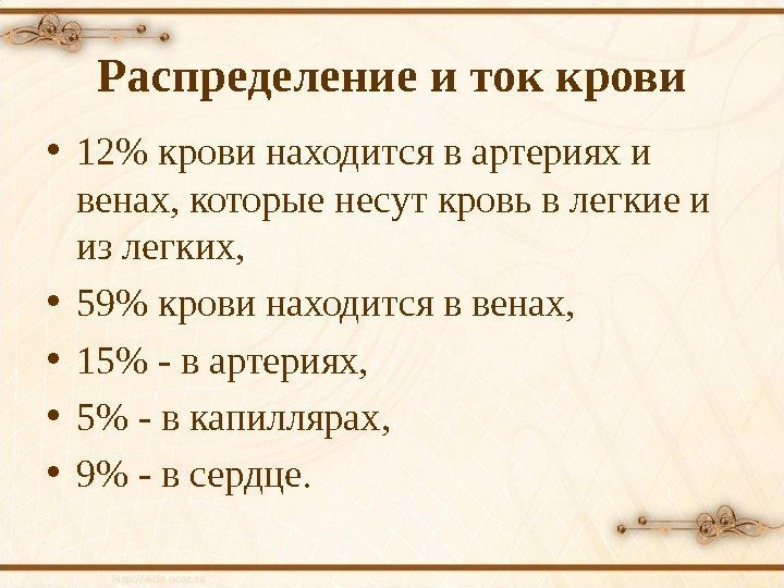 Распределение и ток крови • 12 крови находится в артериях и венах, которые несут