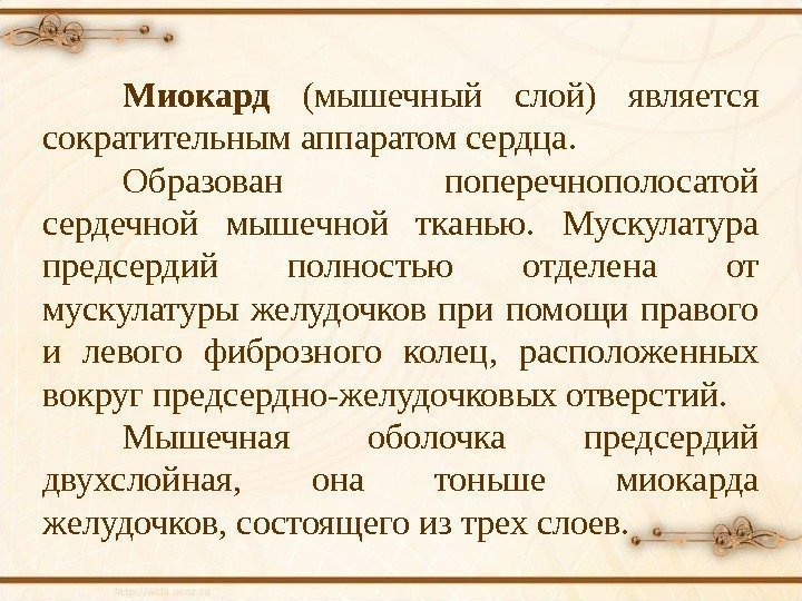 Миокард  (мышечный слой) является сократительным аппаратом сердца.  Образован поперечнополосатой сердечной мышечной тканью.