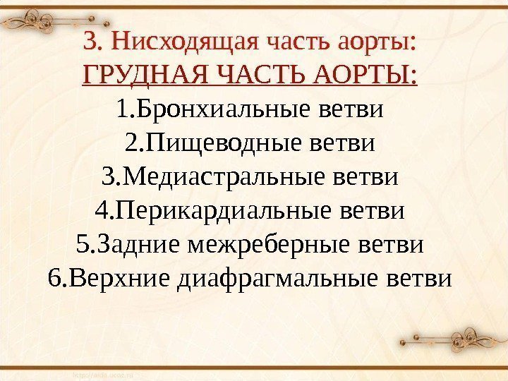 3. Нисходящая часть аорты: ГРУДНАЯ ЧАСТЬ АОРТЫ: 1. Бронхиальные ветви 2. Пищеводные ветви 3.