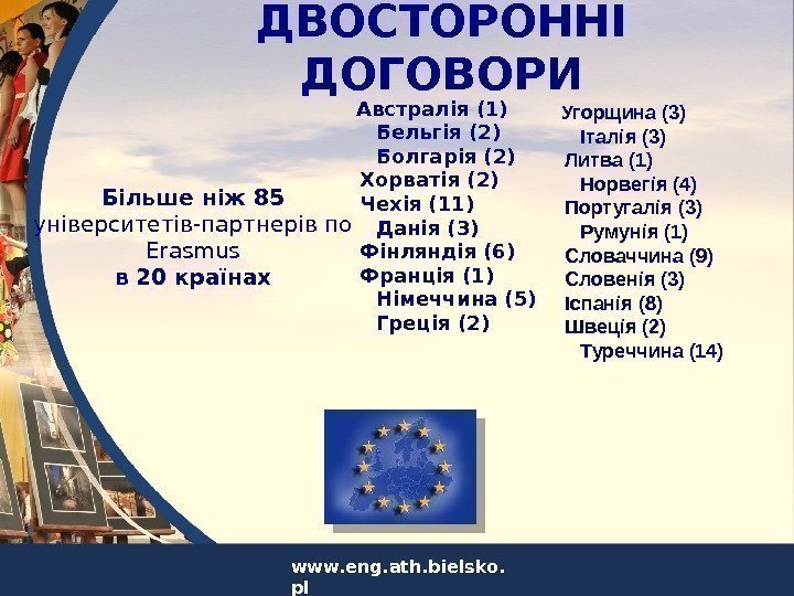 Більше ніж 85 університетів-партнерів по Erasmus в 20 країнах  Австралія (1) Бельгія (2)