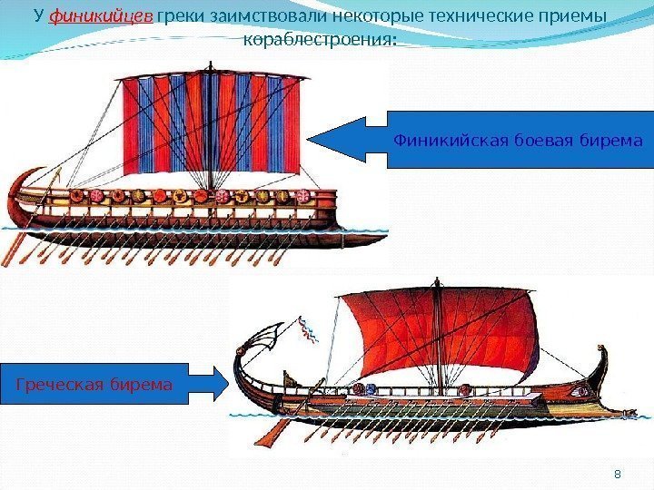 8 У финикийцев греки заимствовали некоторые технические приемы кораблестроения: Финикийская боевая бирема  Греческая
