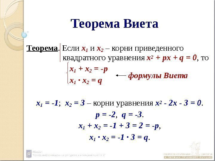 Теорема Виета Теорема. Если х1 и х2 – корни приведенного    